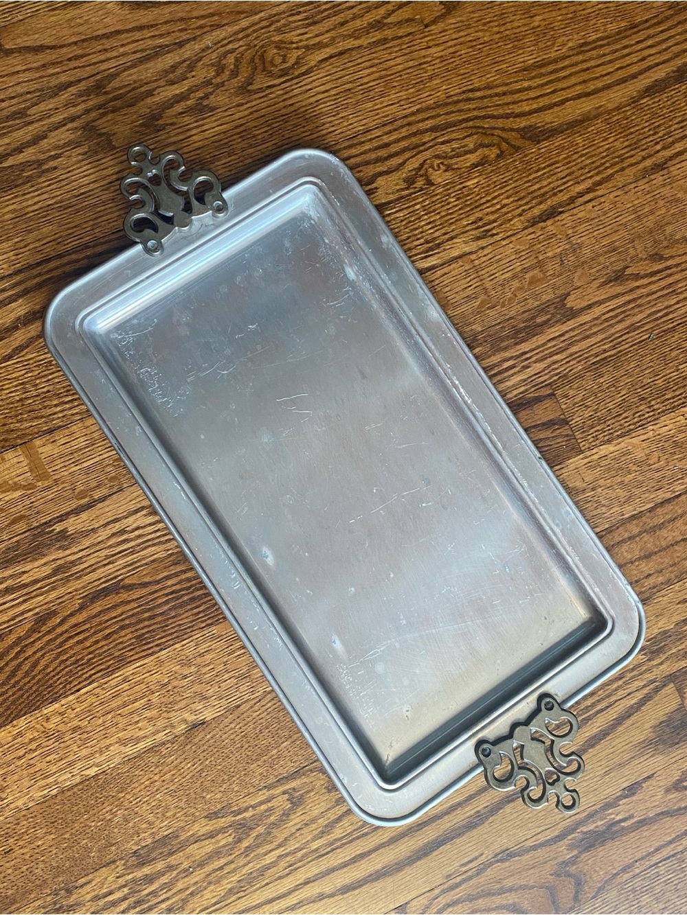 Large Distressed  Vintage Stainless Serving Tray - Silver and Brass Finish